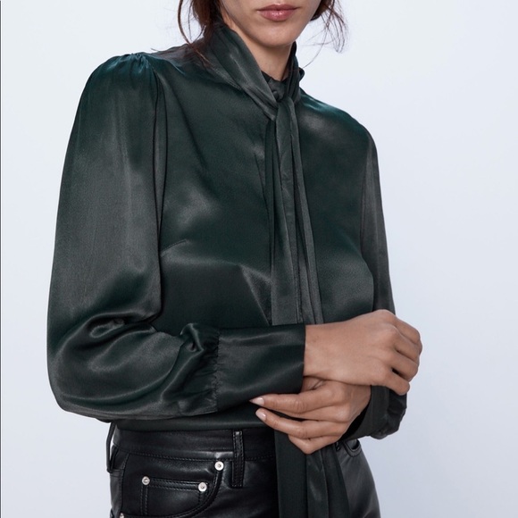 ZARA - BNWT Green Satin Long Sleeve Button Up Blouse with Tie - Picture 3 of 6